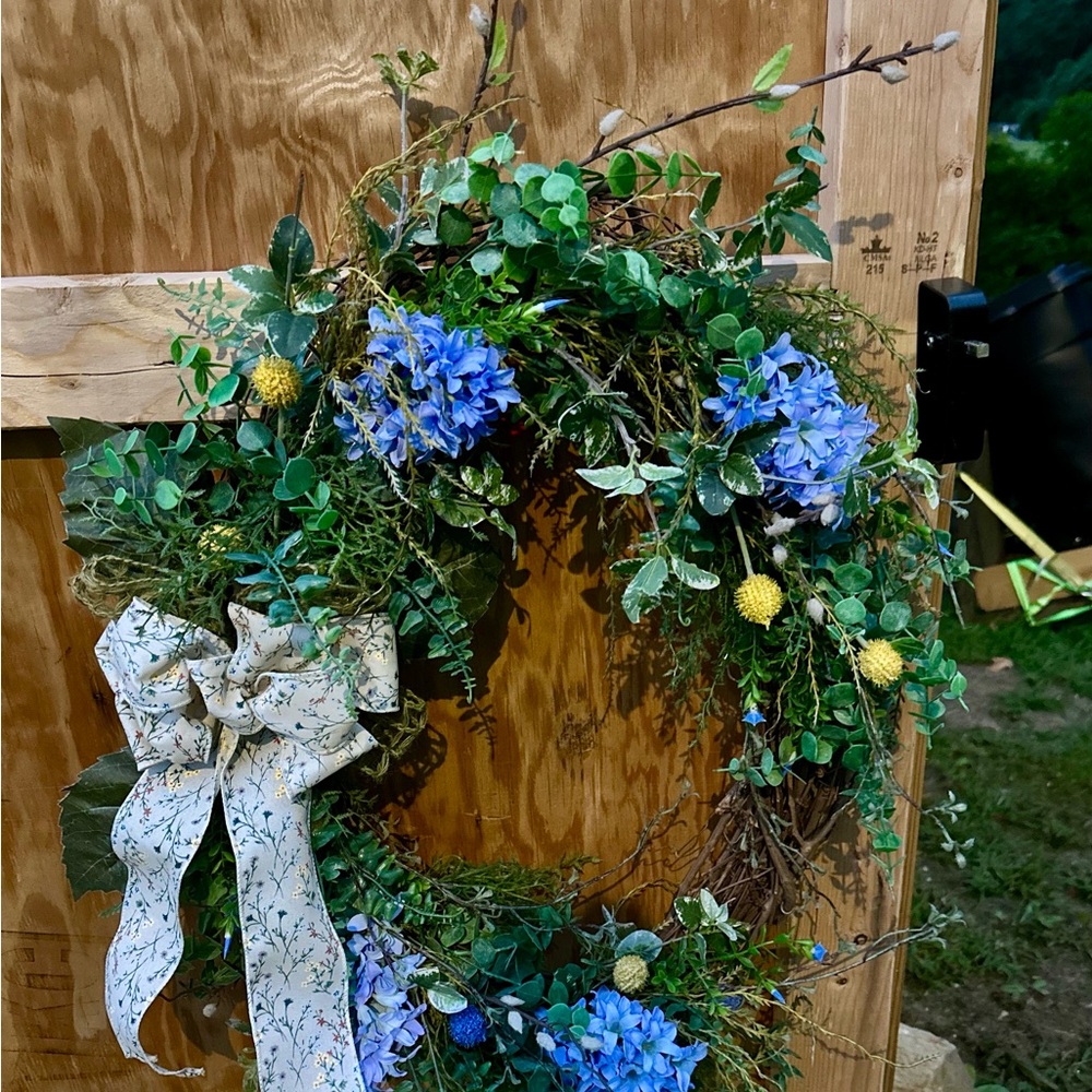Floral Wreath with Blue and Yellow Accents